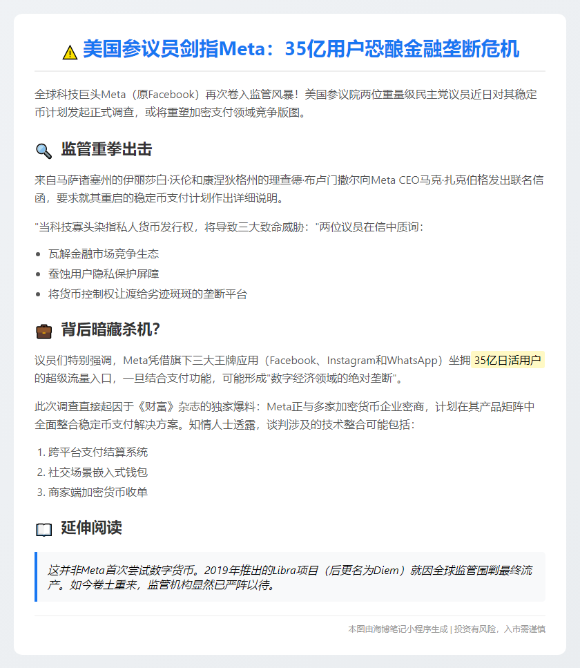 美参议员调查Meta稳定币计划