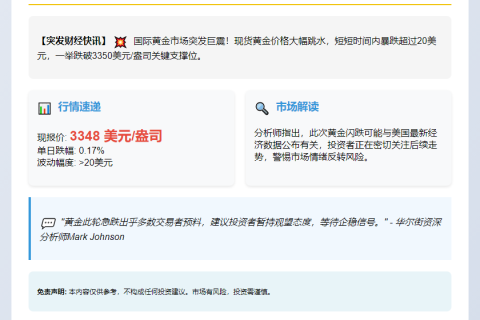 1. 黄金短线急跌20美元，失守3350关口  
2. 现货黄金跌破3350，日内挫20美元  
3. 金价急跌20美元至3350下方  
4. 黄金短线跌破3350，跌超20美元  
5. 金价闪跌20美元失守3350