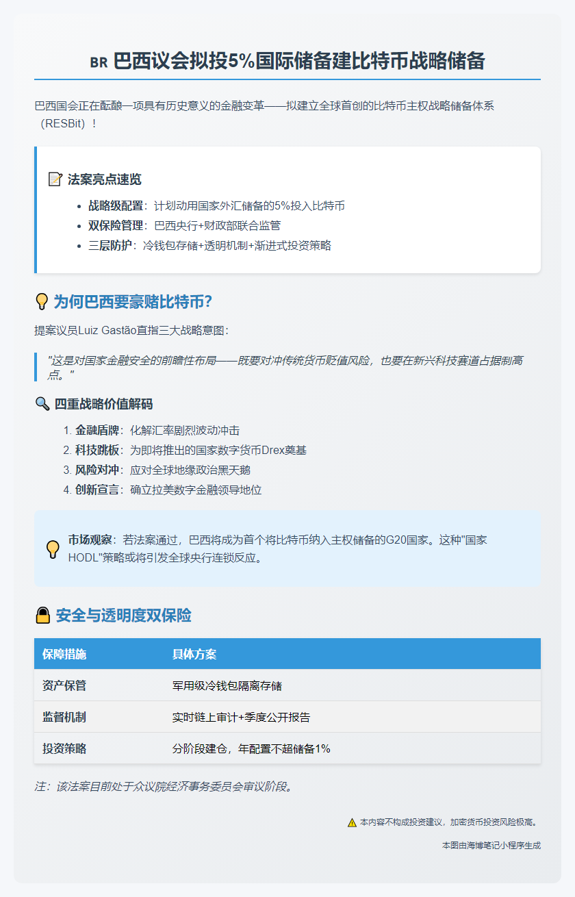 巴西议会拟投5%国际储备建比特币战略储备