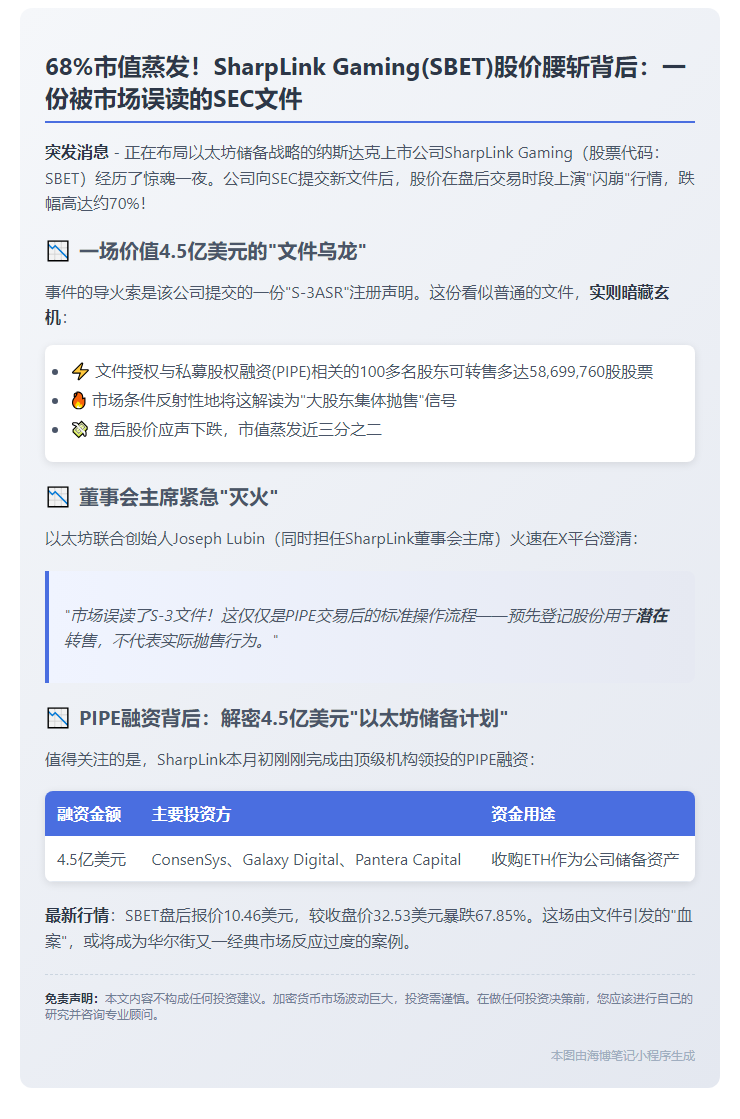 SharpLink股价暴跌70%后向SEC报备