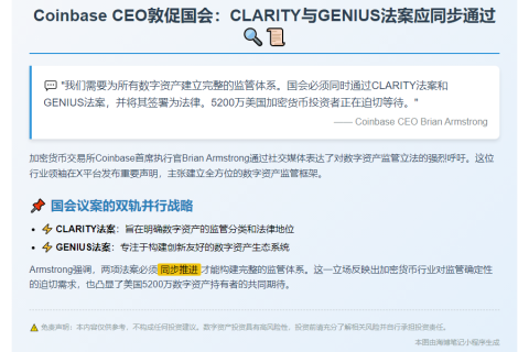 Coinbase CEO建议国会一并通过CLARITY与GENIUS法案