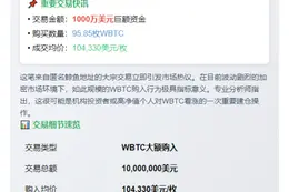 鲸鱼增持95.85枚WBTC，均价10.4万美元