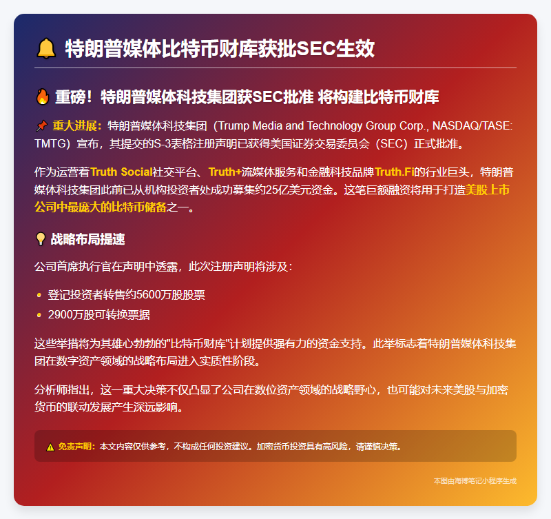 特朗普媒体比特币财库获批SEC生效