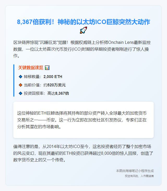 ICO鲸鱼转存2000ETH至币安