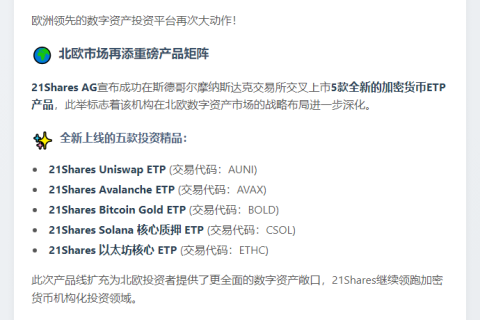 21Shares在纳斯达克斯德哥尔摩上新五款加密ETP