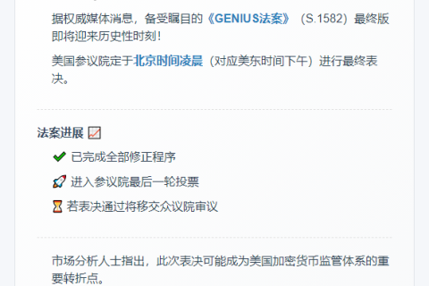 美国参议院今晨表决《GENIUS法案》