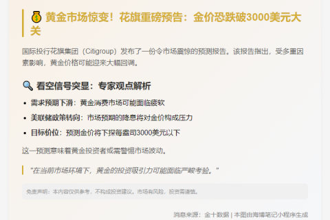 花旗：金价或跌破3000美元
