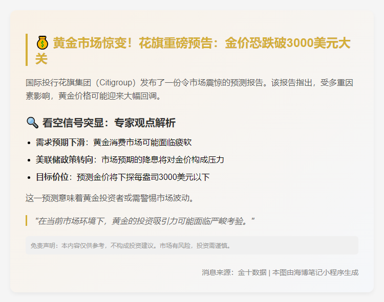 花旗：金价或跌破3000美元
