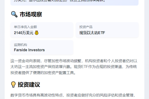 美现货以太坊ETF单日吸金2140万美元