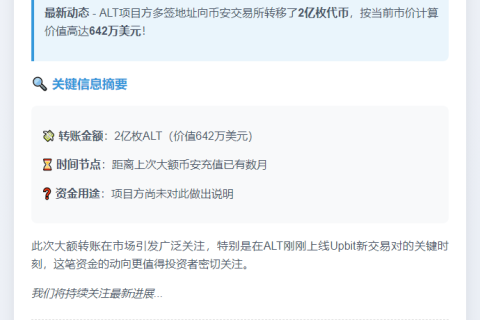 2亿ALT代币一小时前转入币安