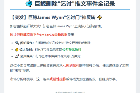 巨鲸删除"乞讨"推文，募资6万美元