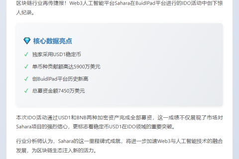 ```

WLFI：Sahara 在 BuidlPad IDO 采用 USD1，贡献达 5900 万美元创纪录

```