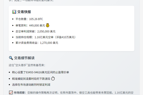 巨鲸凌晨平仓105枚BTC，盈利45万美元