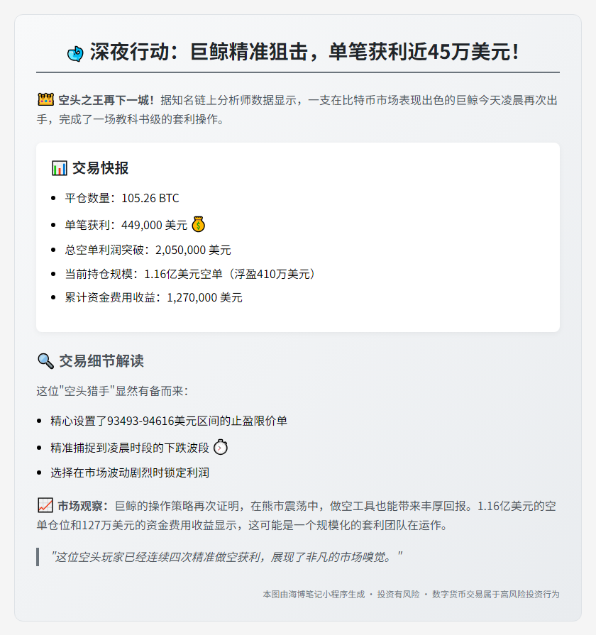 巨鲸凌晨平仓105枚BTC，盈利45万美元