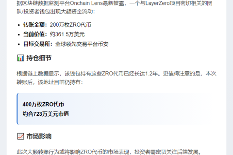 LayerZero团队存入361.5万美元ZRO至币安