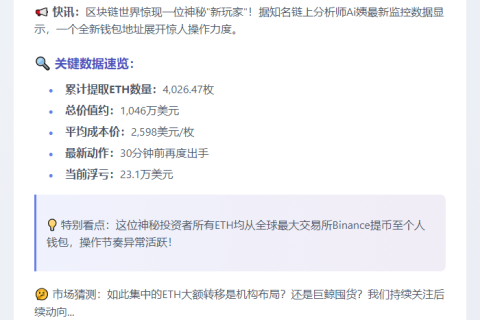 新建地址累计提取4026枚ETH 均价2598美元