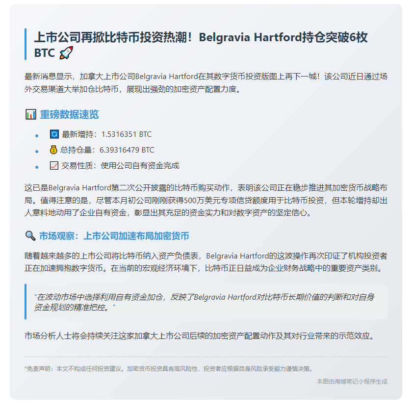上市公司Belgravia增持比特币至6.39枚