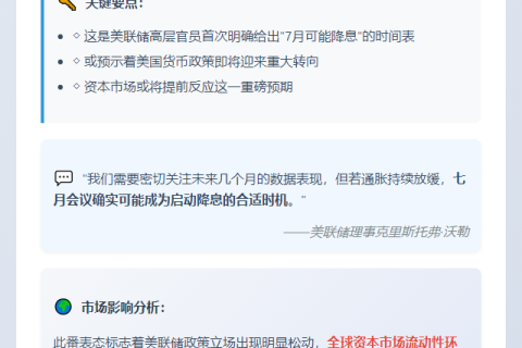 美联储沃勒：七月或降息
