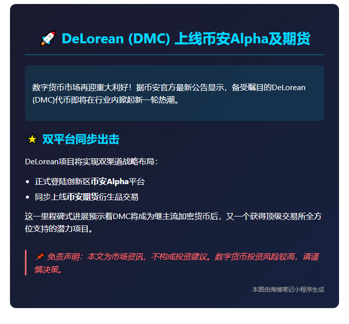 DeLorean (DMC)上线币安Alpha及期货