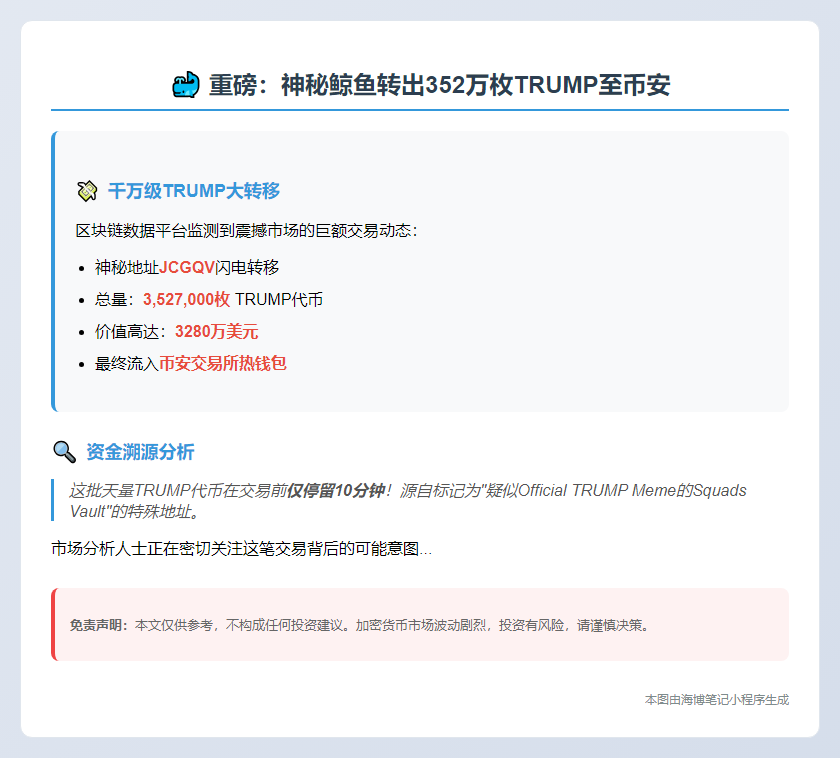 鲸鱼转352万枚TRUMP至币安，值3280万美元