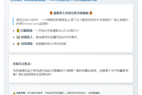 巨鲸3小时吞2.63万枚ETH