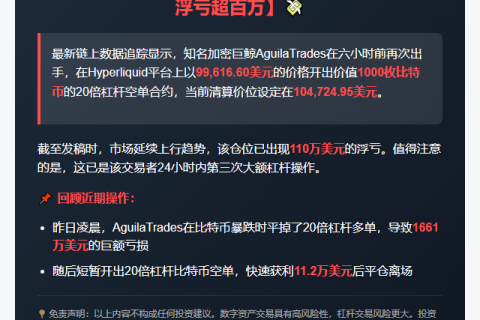 本文介绍了AguilaTrades在凌晨20倍空单BTC巨亏超百万美元