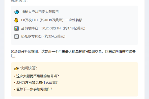 1.8万枚ETH巨鲸从币安转出 价值4038万美元