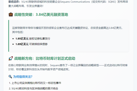 美股公司Sequans获3.84亿美元投资 启动比特币财库
