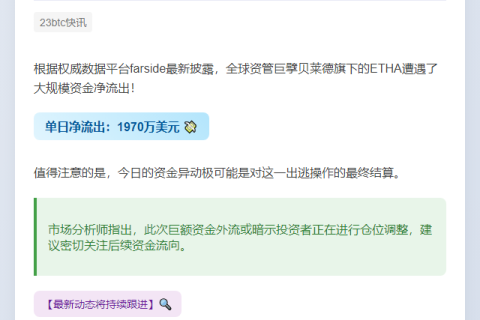 贝莱德ETHA单日净流出1970万