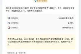 黄金现报3333.82美元/盎司 跌1%