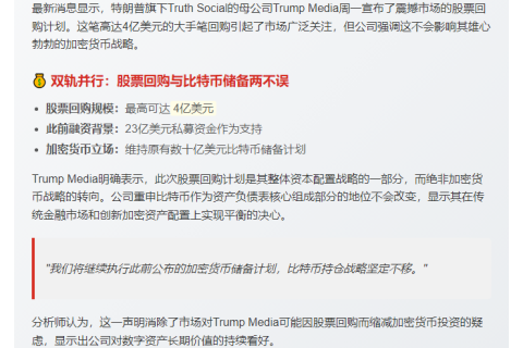 Trump Media斥4亿美元回购股票，不影响比特币储备