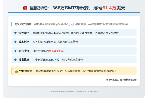 巨鲸368万BMT转币安，浮亏91.4万