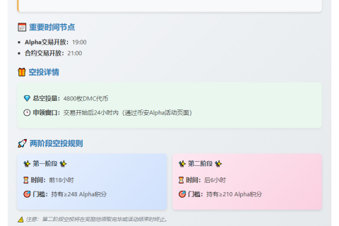 币安：持248+α积分可领DMC空投