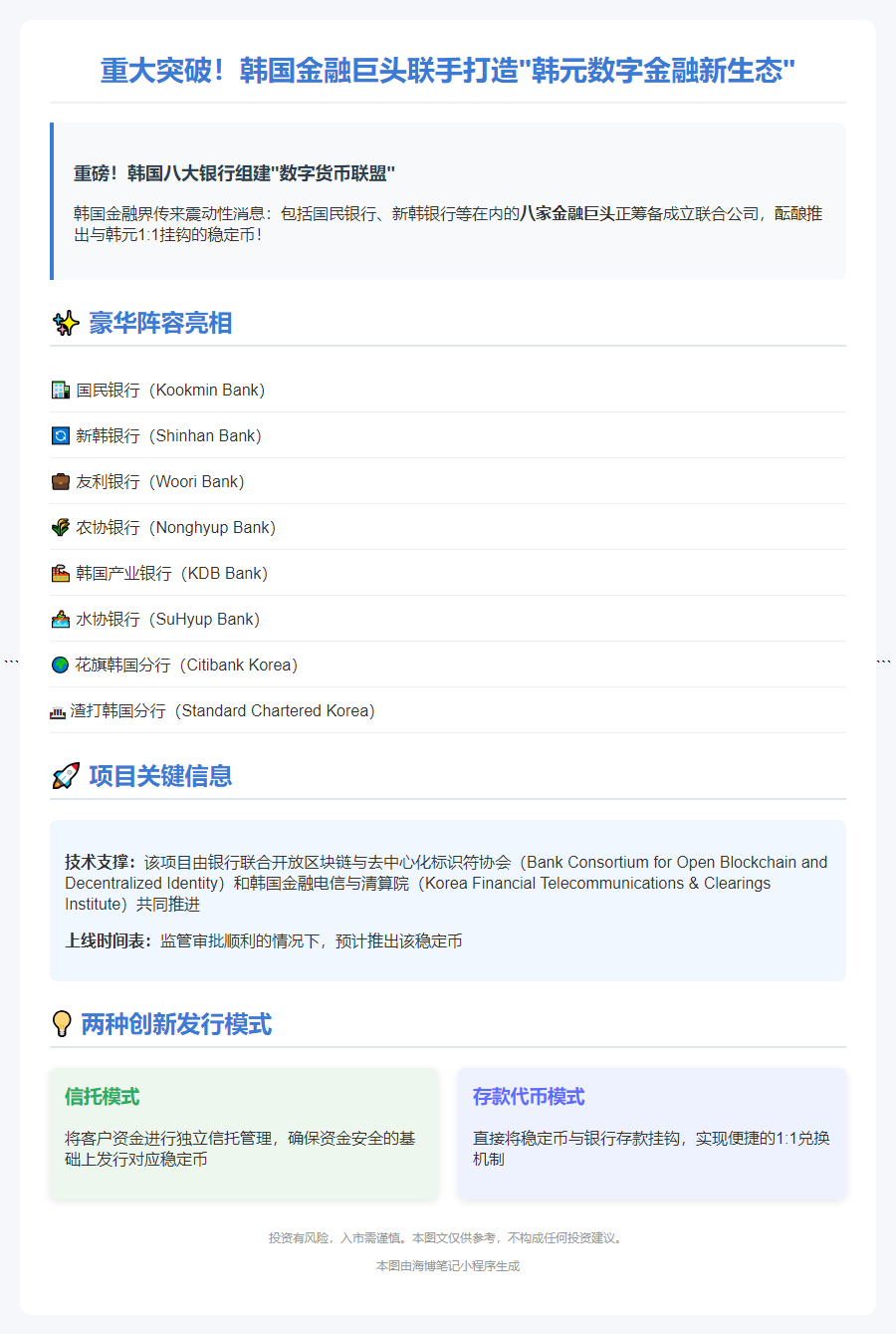 韩八银行合资筹建韩元稳定币