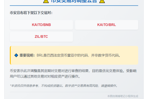 币安移除KAITO、ZIL三对现货交易