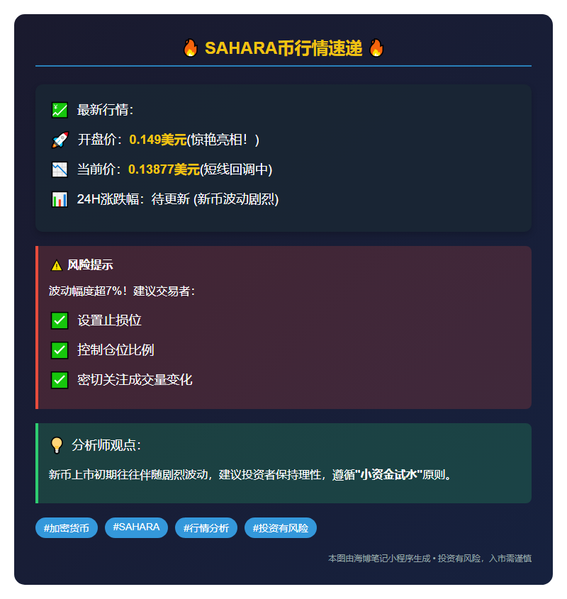 SAHARA首日开盘0.149美元 现报0.13877美元