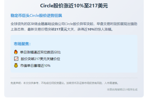 Circle股价涨近10%至217美元
