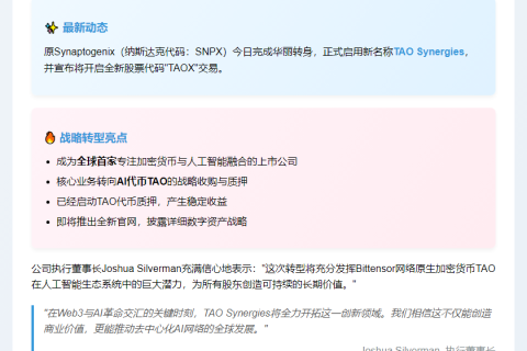 Synaptogenix更名TAO Synergies，聚焦加密与AI融合