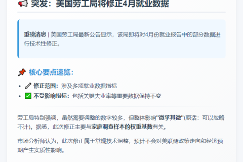 美劳工局将修正4月就业数据 影响微乎其微