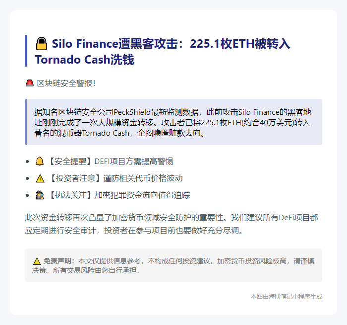 Silo Finance遭攻击，225.1 ETH转入Tornado Cash