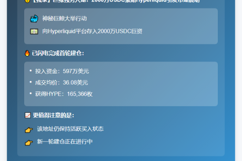 巨鲸豪掷597万刀囤16.5万枚HYPE