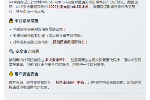 黑客致1000万reUSD坏账 资金仍在链上