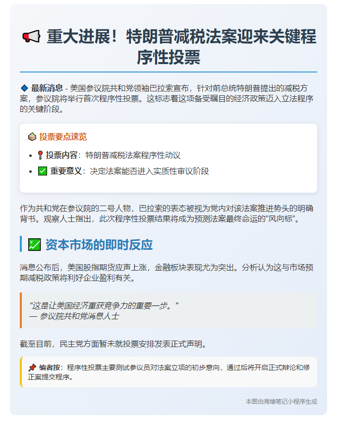 参议院今日4点首投特朗普减税法