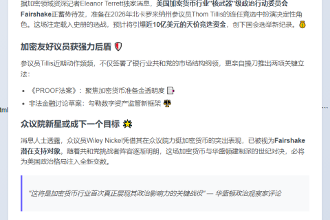 美加密PAC或左右Tillis2026连任