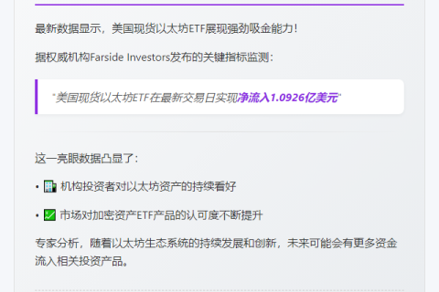 美现货以太坊ETF单日流入1.09亿美元
