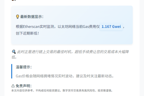 以太坊Gas费低至1.167Gwei