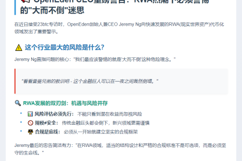 OpenEden CEO警告：RWA代币化应防范"大而不倒"风险