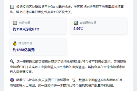 美国比特币ETF持仓破110万枚BTC