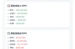 加密货币24小时资金流动：BTC流入3892万，ETH流出3972万