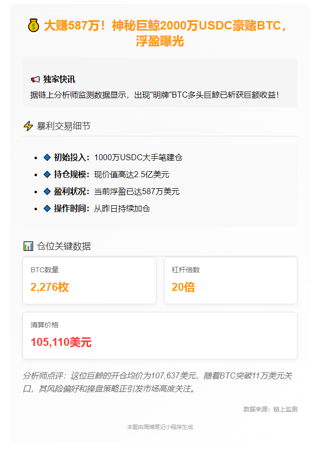 巨鲸1000万USDC做多BTC浮盈587万